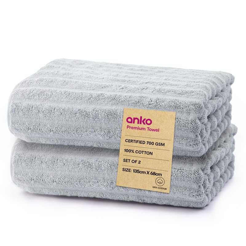 Anko Australia 100% Cotton 700 GSM Large Ribbed Bath Towel | Set of 2 | Super-Soft, Absorbent, Quick-Drying | Grey Towel for Men, Women & Kids | 135x68 cm |Travel, Gym, Spa Towel