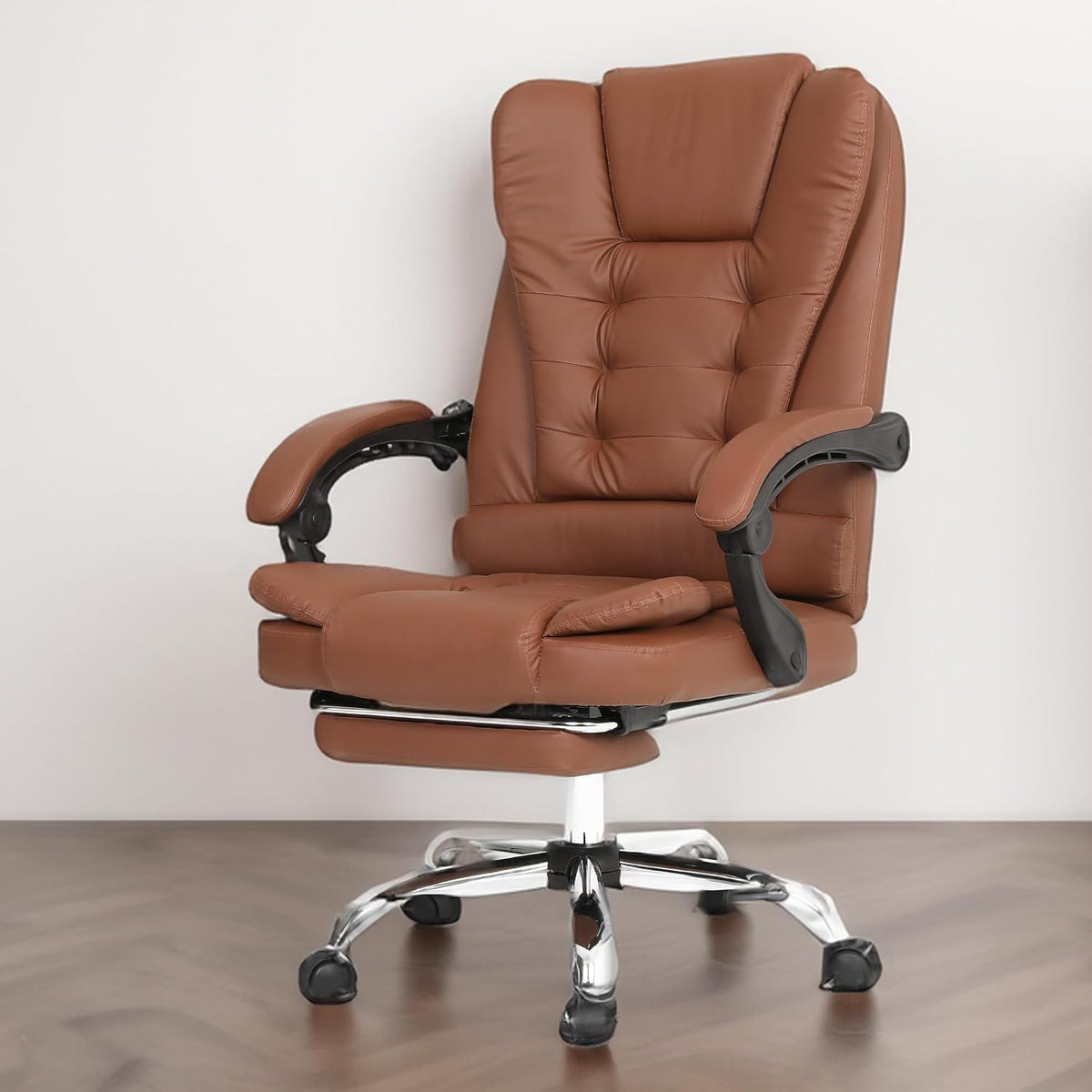 Kuber Industries Leather Office Chairs for Work From Home | Comes with Manual Height Adjustable, Armrest, Headrest & Lumbar Support | Comfy Chair for Students with Wheels & Footrest | Brown | 809M-BRN