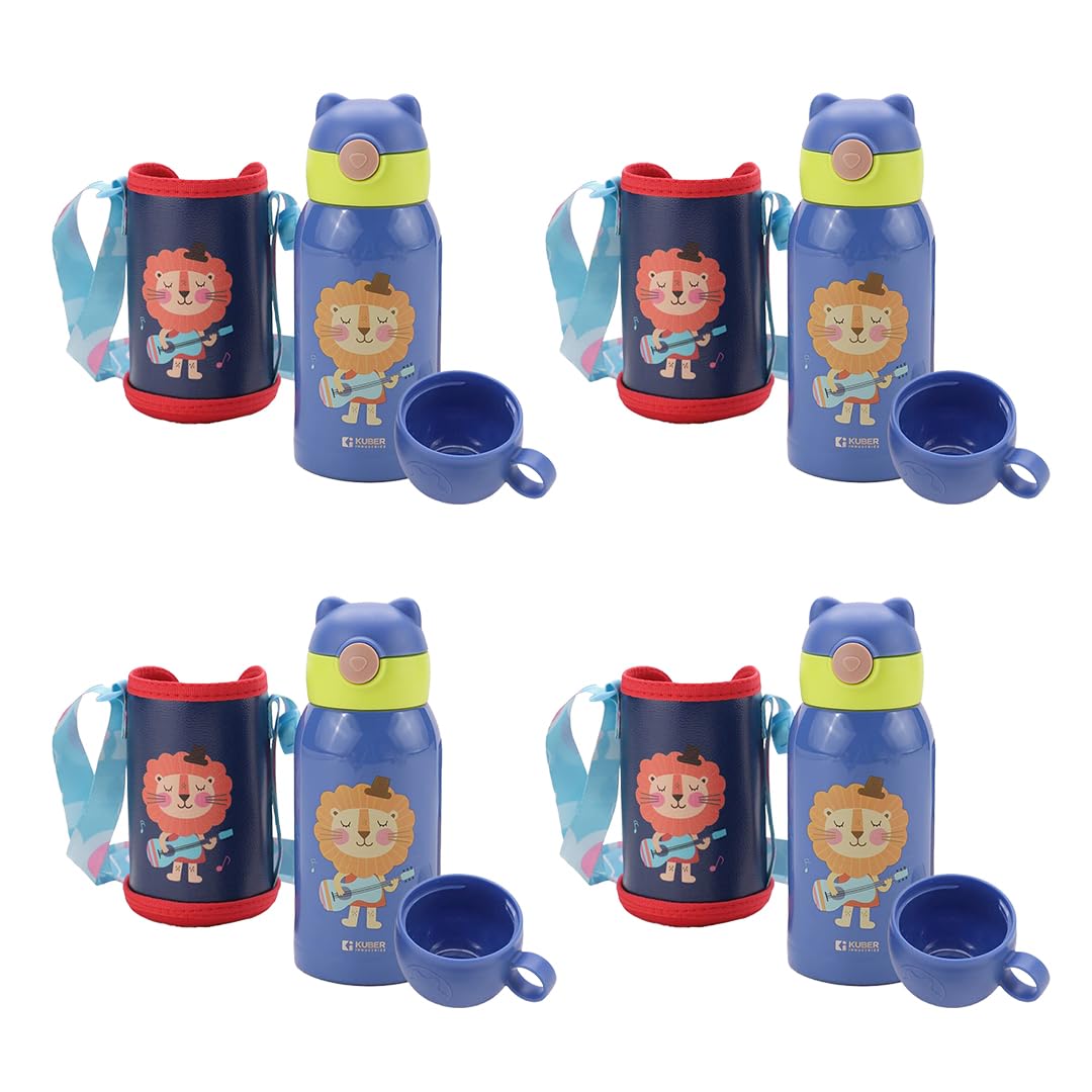 Kuber Industries Water Bottle for Kids|Stainless Steel Flask with Straw, Cup & Fabric Cover|Sipper Bottle for Kids|Food Grade Plastic Lid|Broad Fabric Strap|Leak Proof, BPA Free|500 ml (Pack Of 4)