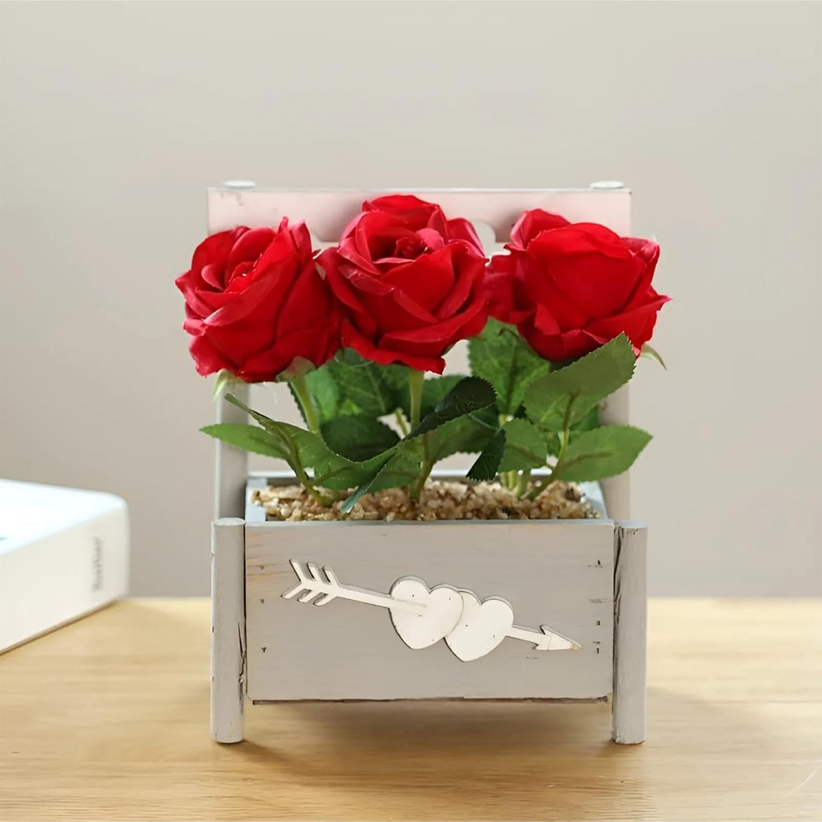 Ekhasa Red Rose Artificial Flowers with Pot for Home Decoration (20 CM Total Height, 3 Flower Heads) | Guldasta Artificial Show Flower for Living Room, Dining Table, Hall, Table, Office Decor