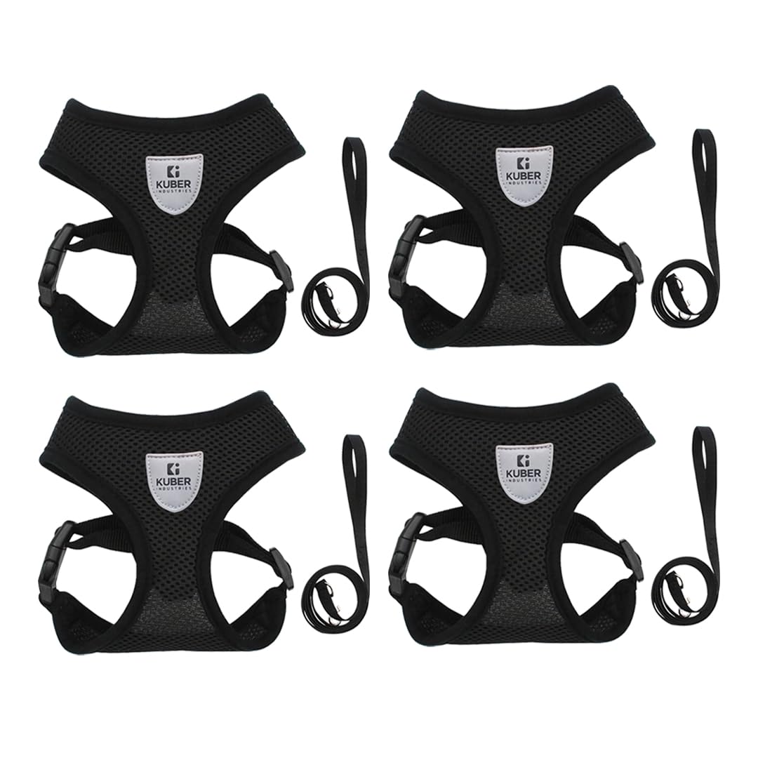 Kuber Industries Reflective Dog Harness With Adjustable Leash|Breathable Polyester Mesh Fabric With Top carry Handle|Large Size|HAT-818|Comfortable No-Pull Grip|Quick Release Buckles|Black (Pack Of 4)
