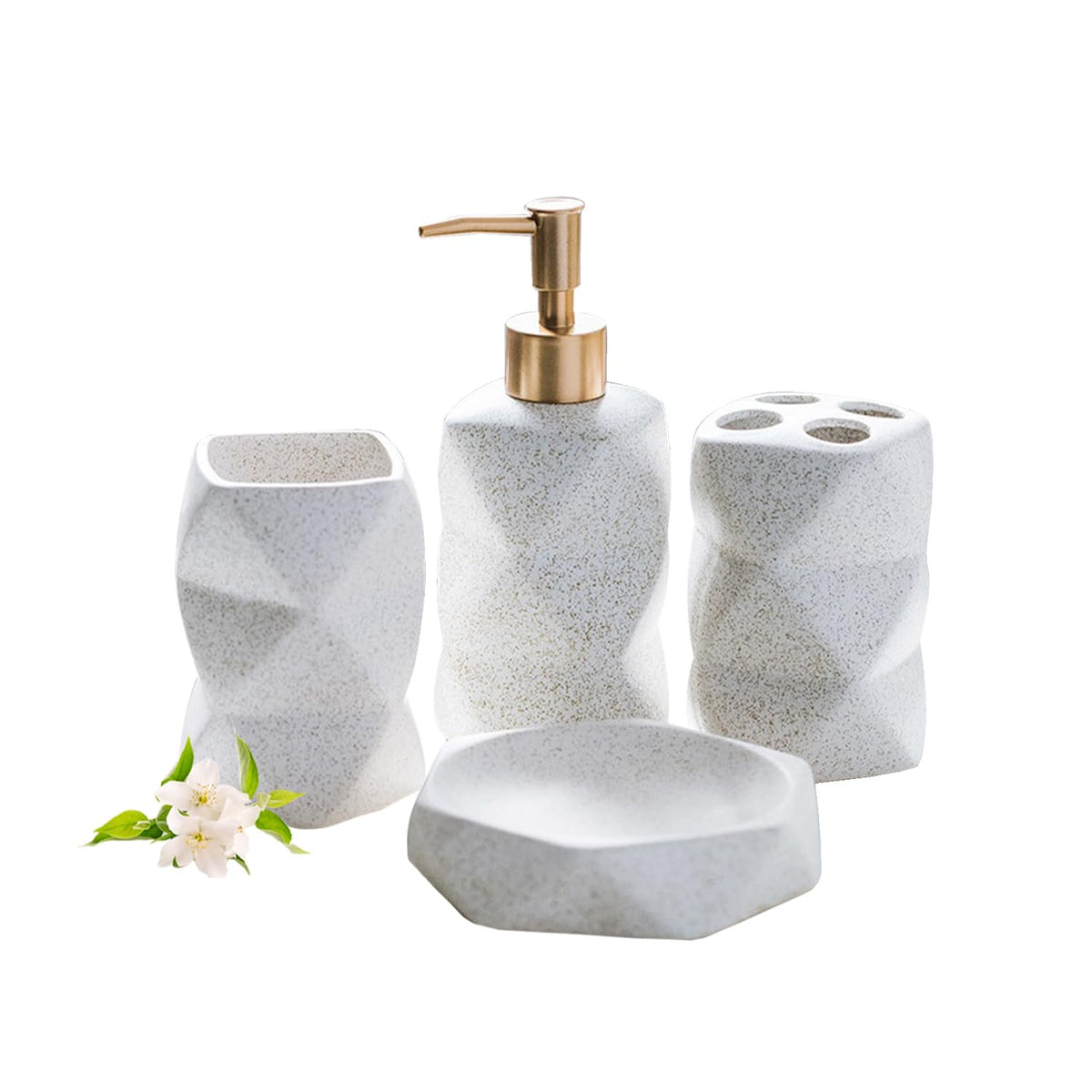 Ekhasa Ceramic Bathroom Accessories Set of 4 | includes Ceramic Liquid Handwash Soap Dispenser, Toothbrush Holder for Wash Basin, Soap Dish, Tumbler | Soap Dispenser Set for Bathroom | Gift for Home