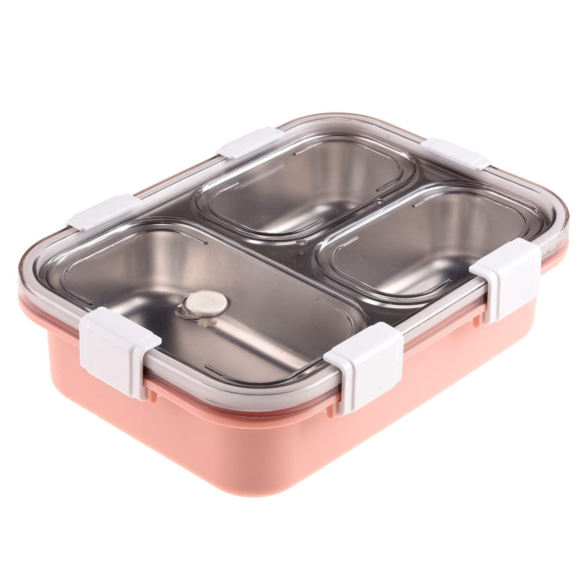 Kuber Industries Lunch Box | Stainless Steel 3 Compartments Lunch Box | Students Lunch Box | Office Lunch Box | Chopstick & Spoon | Leak-Proof Lunch Box | SUS304 | Pink