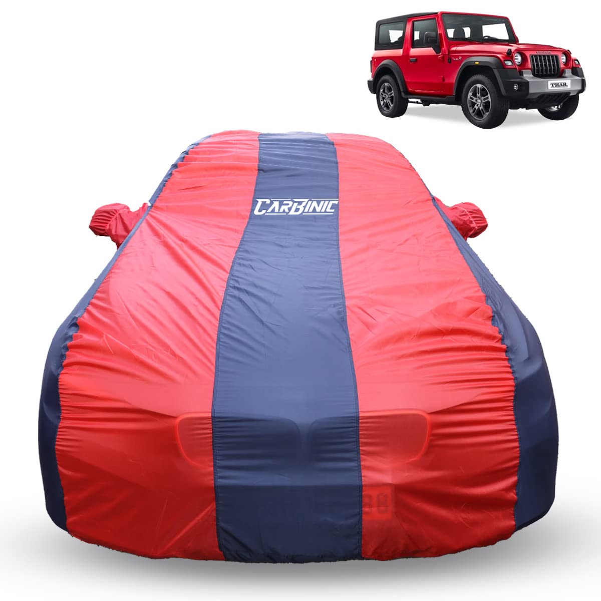 CARBINIC Car Body Cover for Mahindra Thar 2020 | Water Resistant, UV Protection Car Cover | Scratchproof Body Shield | Dustproof All-Weather Cover | Mirror Pocket & Antenna | Car Accessories, Blue Red