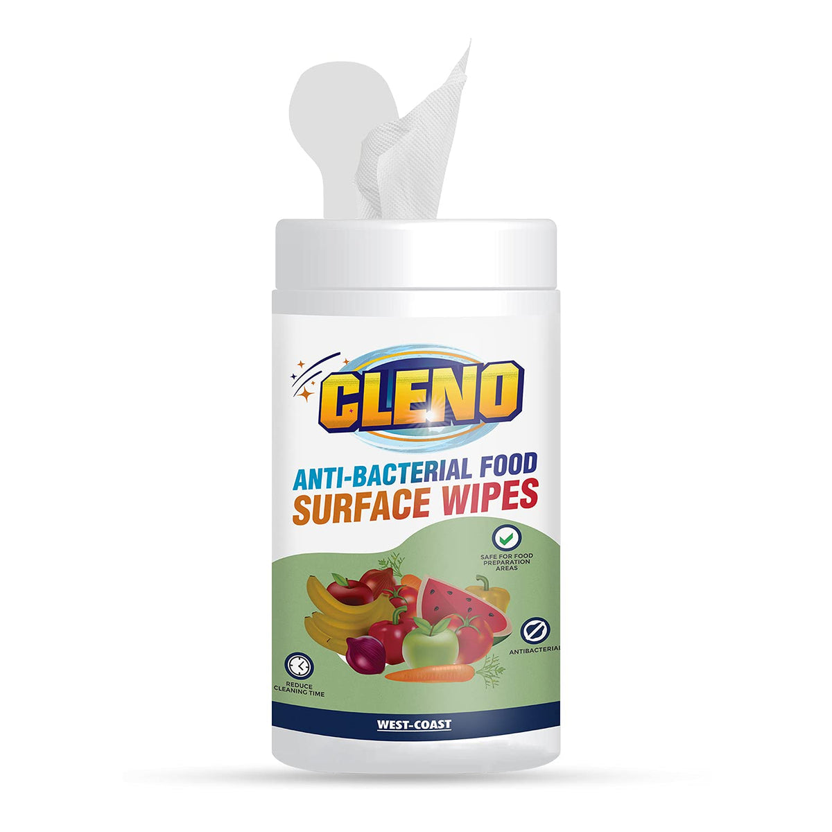 Cleno Anti-Bacterial Food Surface Wet Wipes Cleans Surface of Milk Packs/Fruits/Vegetables & Crockery/Removes Germs/Bacteria/Chemicals & Waxes - 50 Wipes
