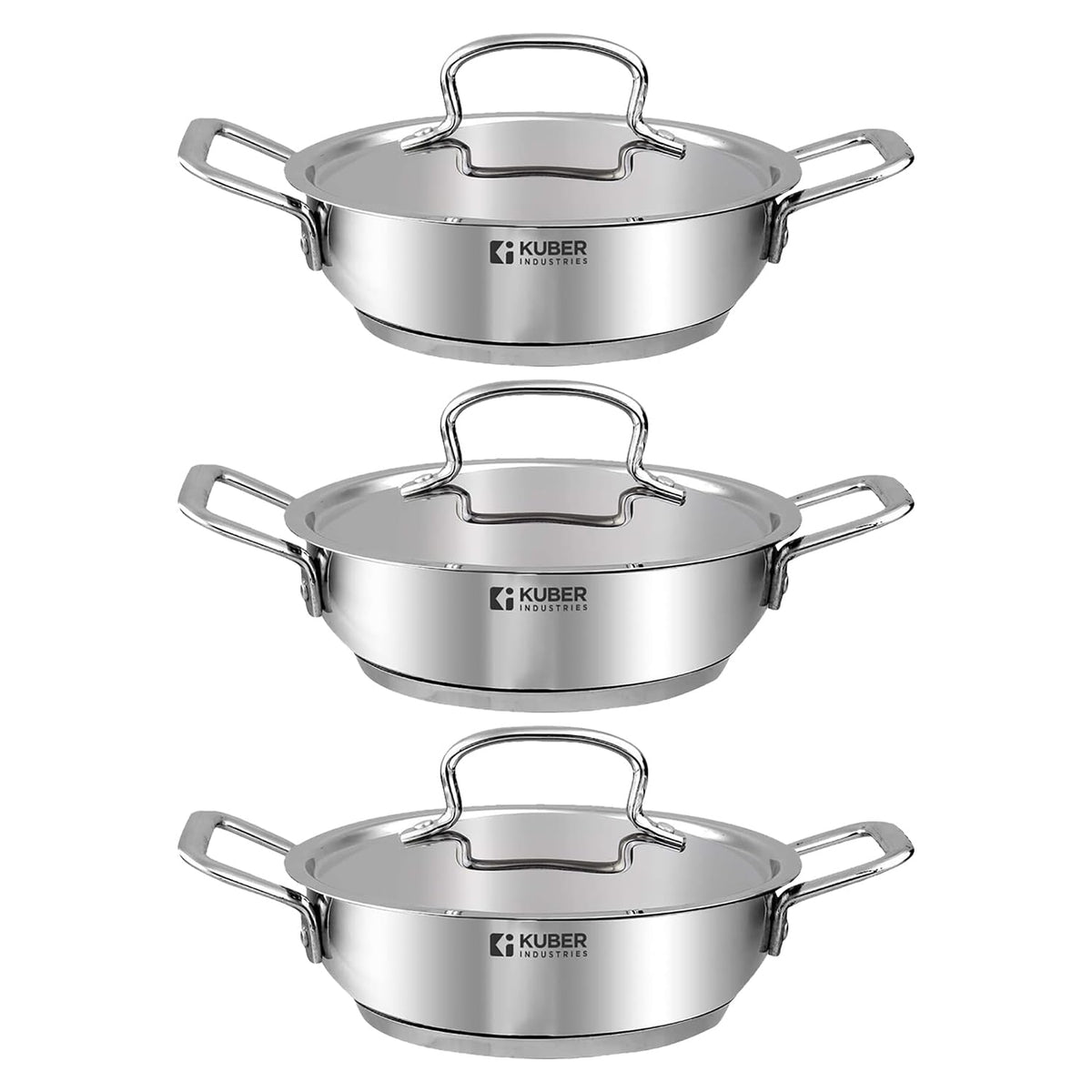 Kuber Industries Tri-ply Stainless Steel Kadhai with lid I Induction Base I 2.2 litres Capacity I 22cm Diameter I Extra Deep Frying Pan I Riveted Handles (Pack of 3)