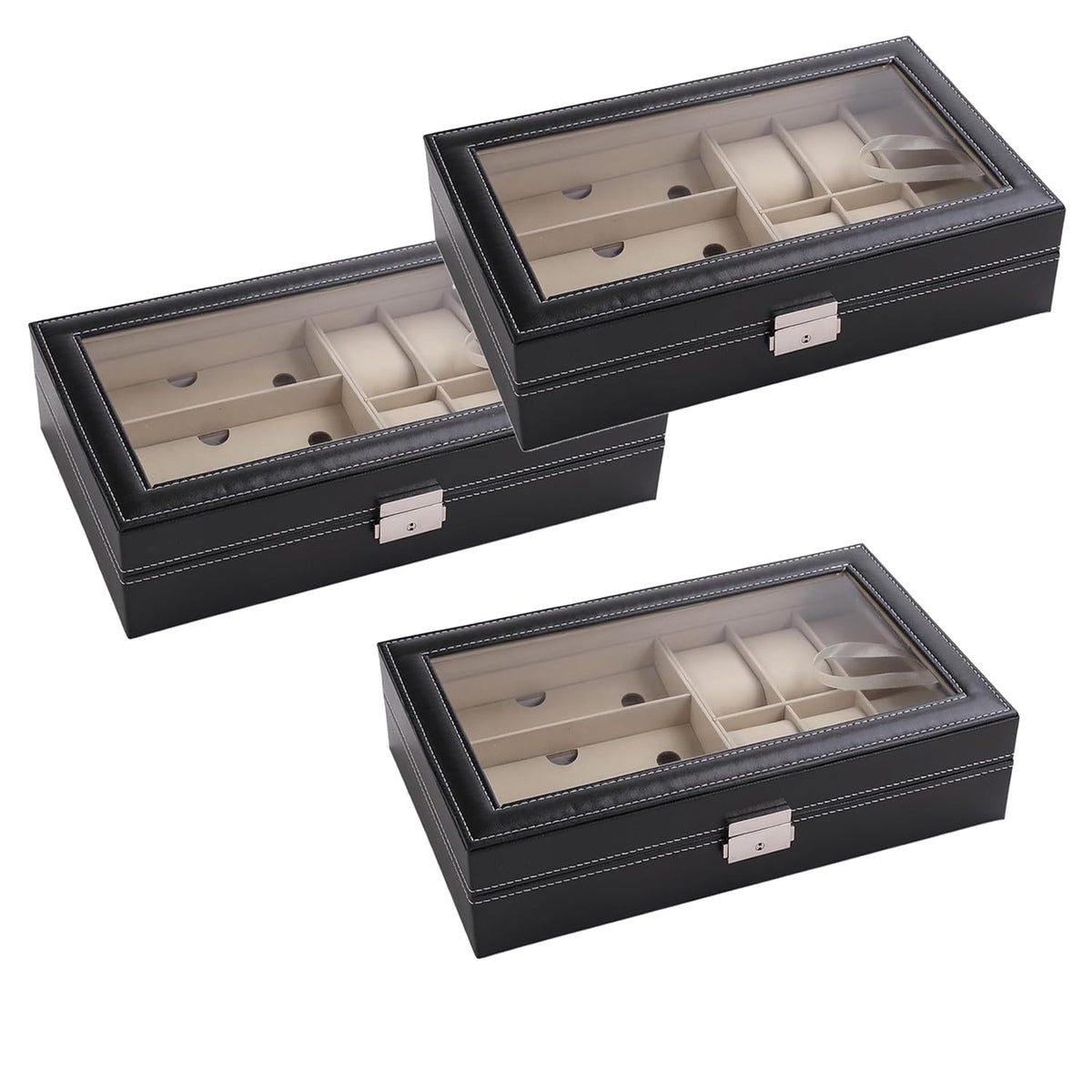 Kuber Industries 6 Slot Watch Storage Box With 3 Slot Glasses organizer|Black|Pack of 3|