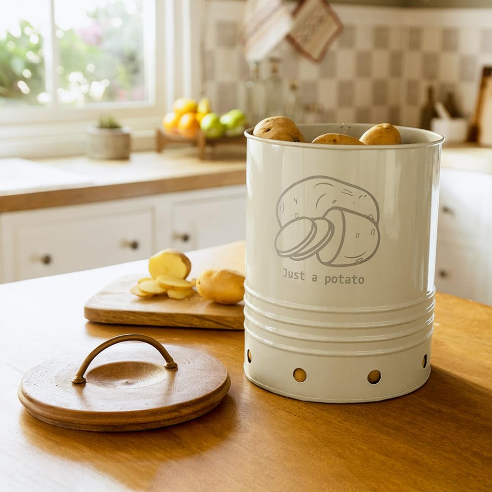 Ellementry Egg Shell Metal Potato Storage Bin With Wooden Lid Potato ...