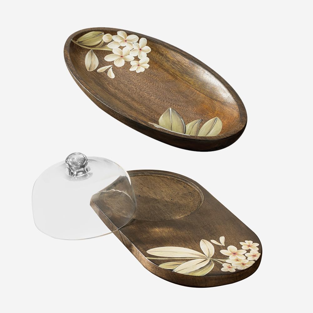 Ellementry Frangipani Glass Cloche With Wooden Platter Combo | Serving Platter with Wooden Board for Serving Sweets, Cookies, Dry Fruits, Snacks at Home | Chopping Cutting Board for Kitchen Vegetables