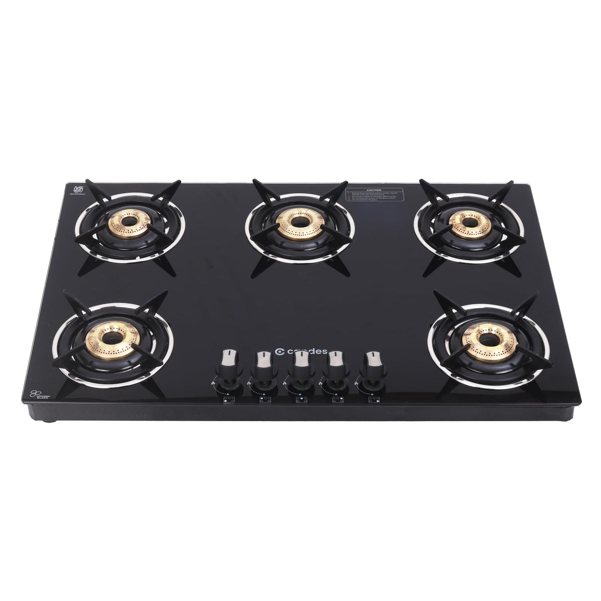 Candes 5 Burner with Premium Gas Saver Tornado Burner Gas Stove | 6mm Toughened Glass Top-Hob | Manual Ignition | Nylon Knob | LPG Compatible | ISI Certified | 1 Year Warranty | Black