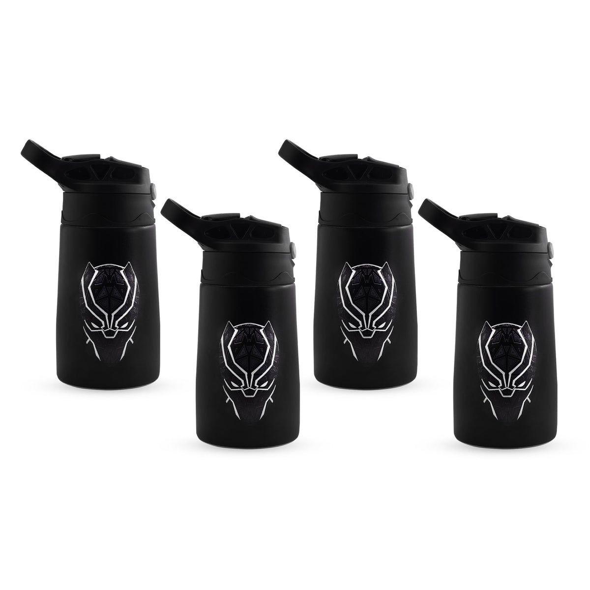 Kuber Industries 350 ml Insulated Water Bottle | Black Panther Kids Water Bottle | Stainless Steel Kids Water Bottle | Water Bottle with Push-Button Flip Lid | Bottle For School | Black | Pack of 4