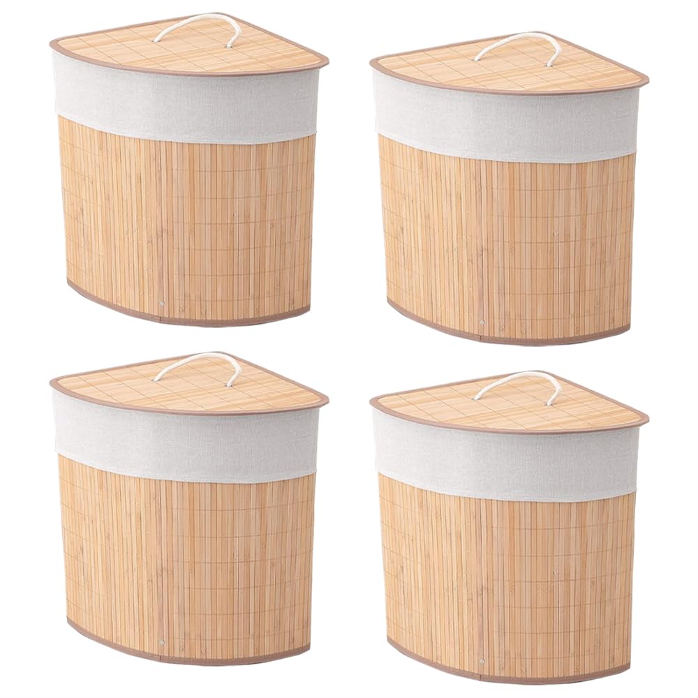 Kuber Industries Bamboo Basket With Lid|Foldable Laundry Basket For Clothes|Durable Rope Handles & Removable Bag|Natural Pack Of 4