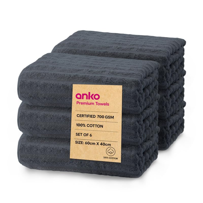 Anko Australia 100% Cotton 700 GSM Ribbed Hand Towel | Set of 8 | Super-Soft, Absorbent, Quick-Drying | Dark Grey Towel for Men, Women & Kids | 60x40 cm |Travel, Gym, Spa Towel