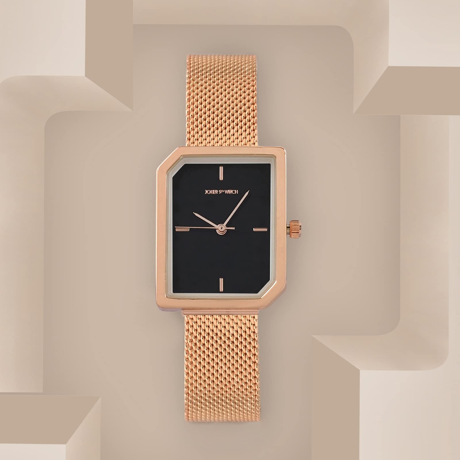 Joker & Witch Edge Black Dial Rose Gold Stainless Steel Mesh Analogue ...