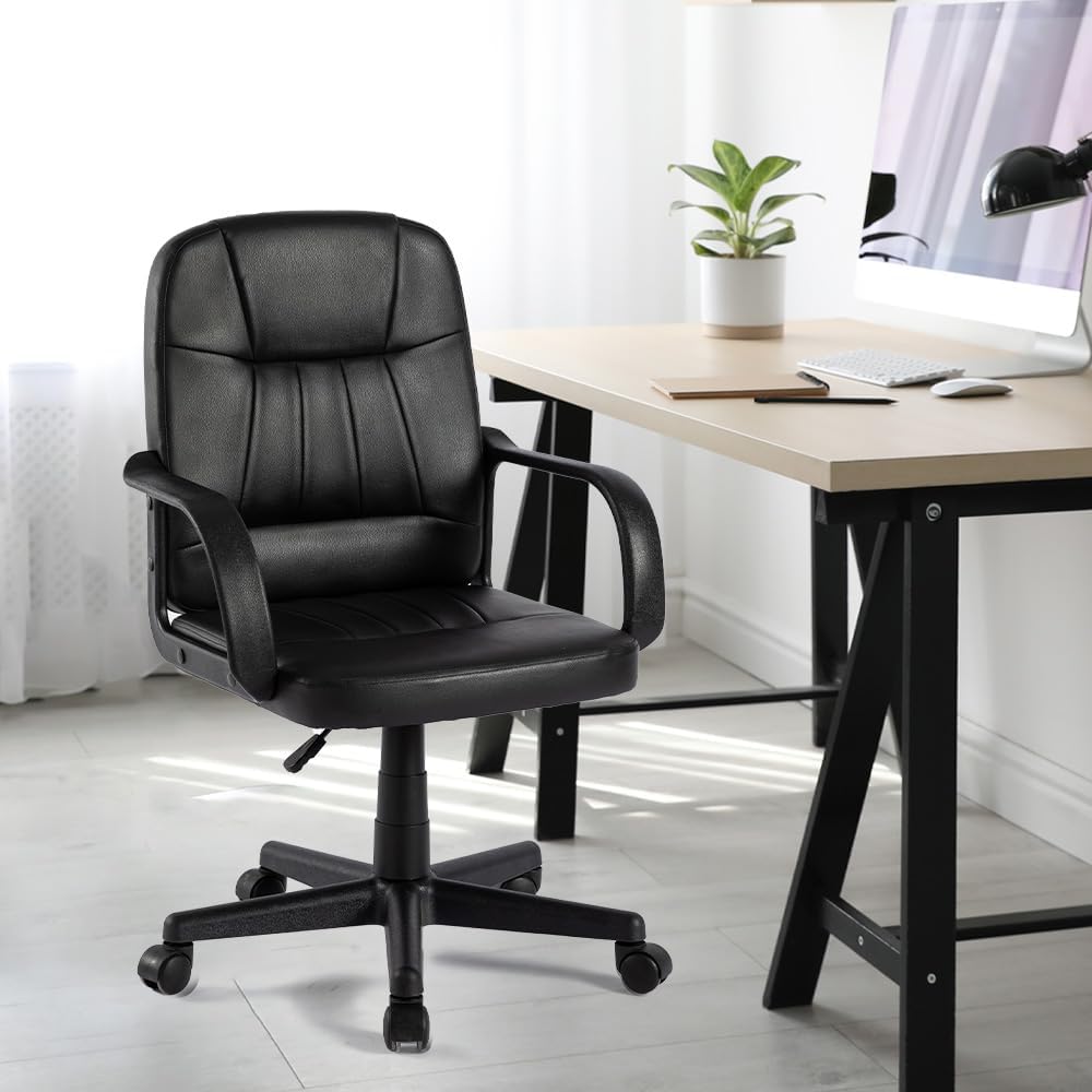 Kuber Industries Ergonomic Leather Office Chairs for Work from Home | Comes with Manual Height Adjustable, Armrest, Headrest & Lumbar Support | Comfy Study Chair for Students with Wheels | Black