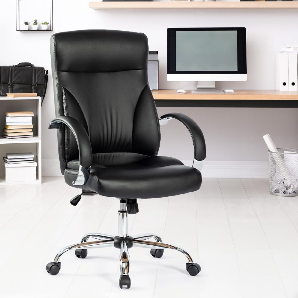 Kuber Industries Ergonomic Leather Office Chairs for Work from Home | Comes with Manual Height Adjustable, Armrest, Headrest & Lumbar Support | Comfy Study Chair for Students with Wheels | Black