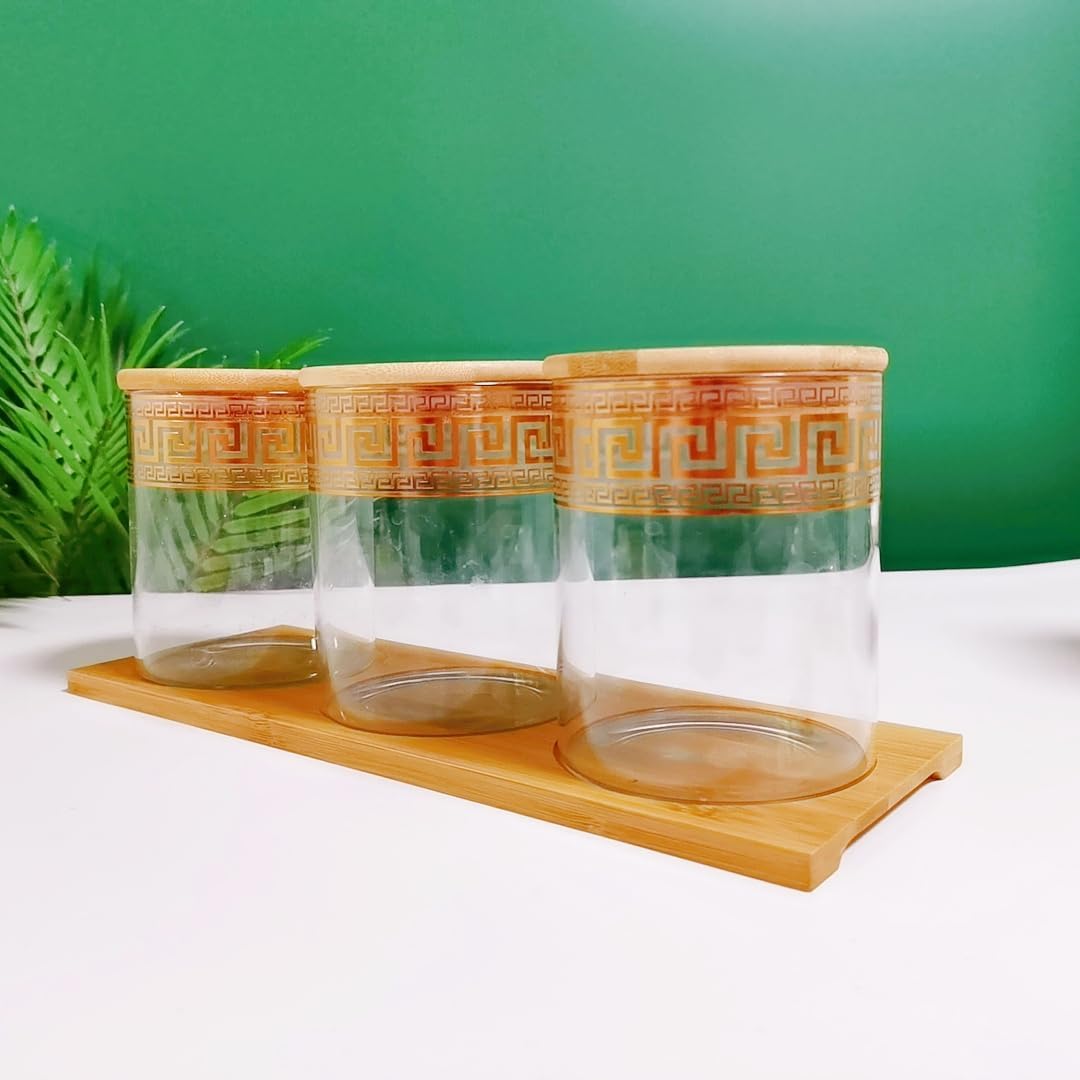 Heart Home Borosilicate Glass Containers with Bamboo Lid and Tray|Kitchen Organizer Items and Storage|Multipurpose Airtight Containers|3 Pieces Kitchen Containers Set-850ml Each