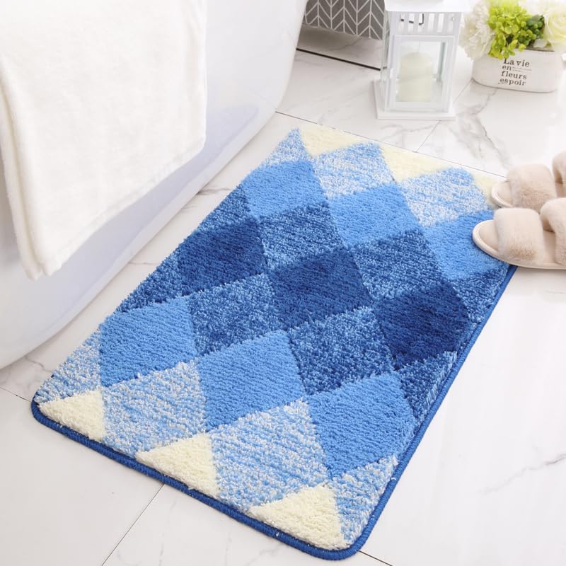 Kuber Industries Soft Bathroom Mat|Anti-Slip Mat for Bathroom Floor|Diamond Design with TPR Backing|Foot Mats for Home, Living Room, Bedroom (Blue)