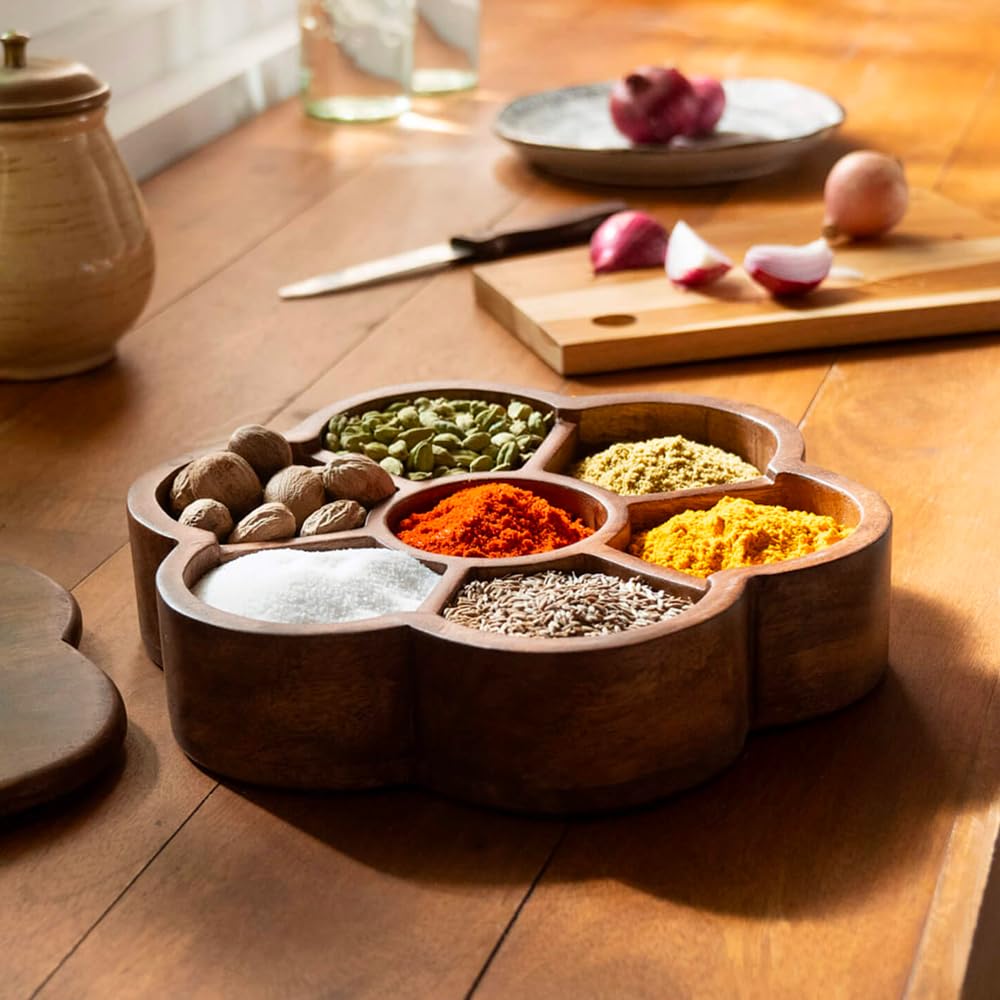 Ellementry Wood Masala Box- Brown Multipurpose Masala Dabba Box Set |Spice Box Set with Sections/compartments for Kitchen| Decorative Handmade