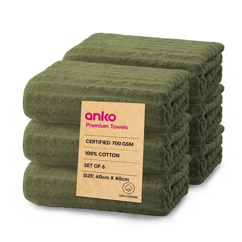 Anko Australia 100% Cotton 700 GSM Ribbed Hand Towel | Set of 6 | Super-Soft, Absorbent, Quick-Drying | Olive Green Towel for Men, Women & Kids | 60x40 cm |Travel, Gym, Spa Towel