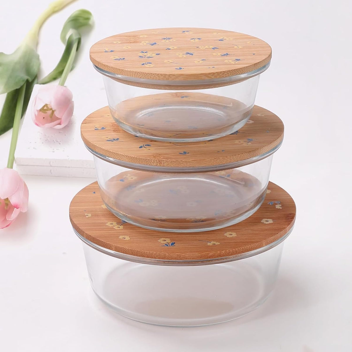 Homestic Pack of 3 Borosilicate Glass Kitchen Containers with Bamboo Lid | 390ml 620ml 960ml | Airtight Round Fridge Storage Boxes |kitchen organizer items and storage | Happy Dance Print