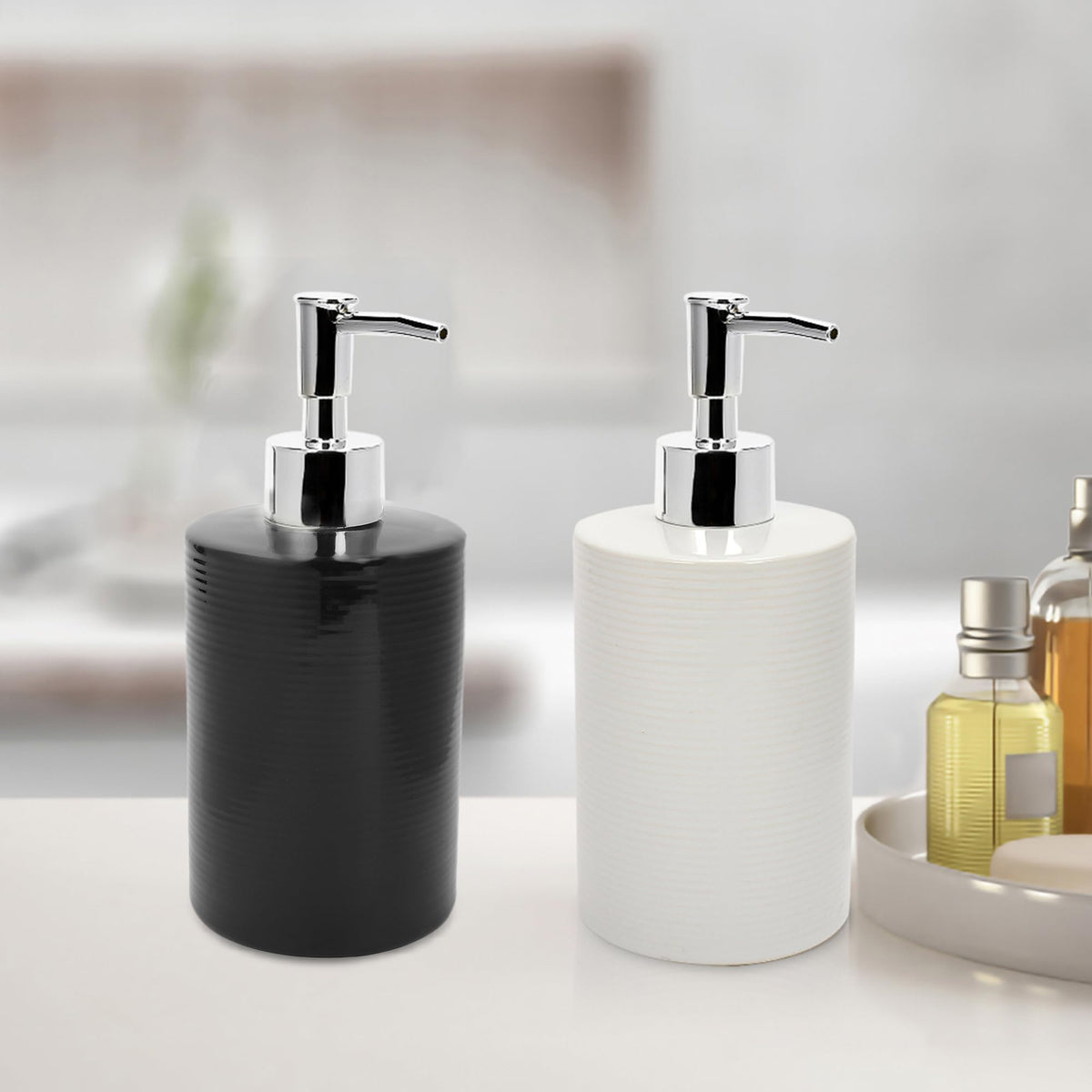 Anko Black Ribbed Liquid Soap Dispenser (350 mL) & White Ribbed Liquid Soap Dispenser (350 mL) Set for Bathroom | Rust-Proof, Leak-Proof, Easy to Clean | Stoneware Bathroom Sanitizer, Lotion