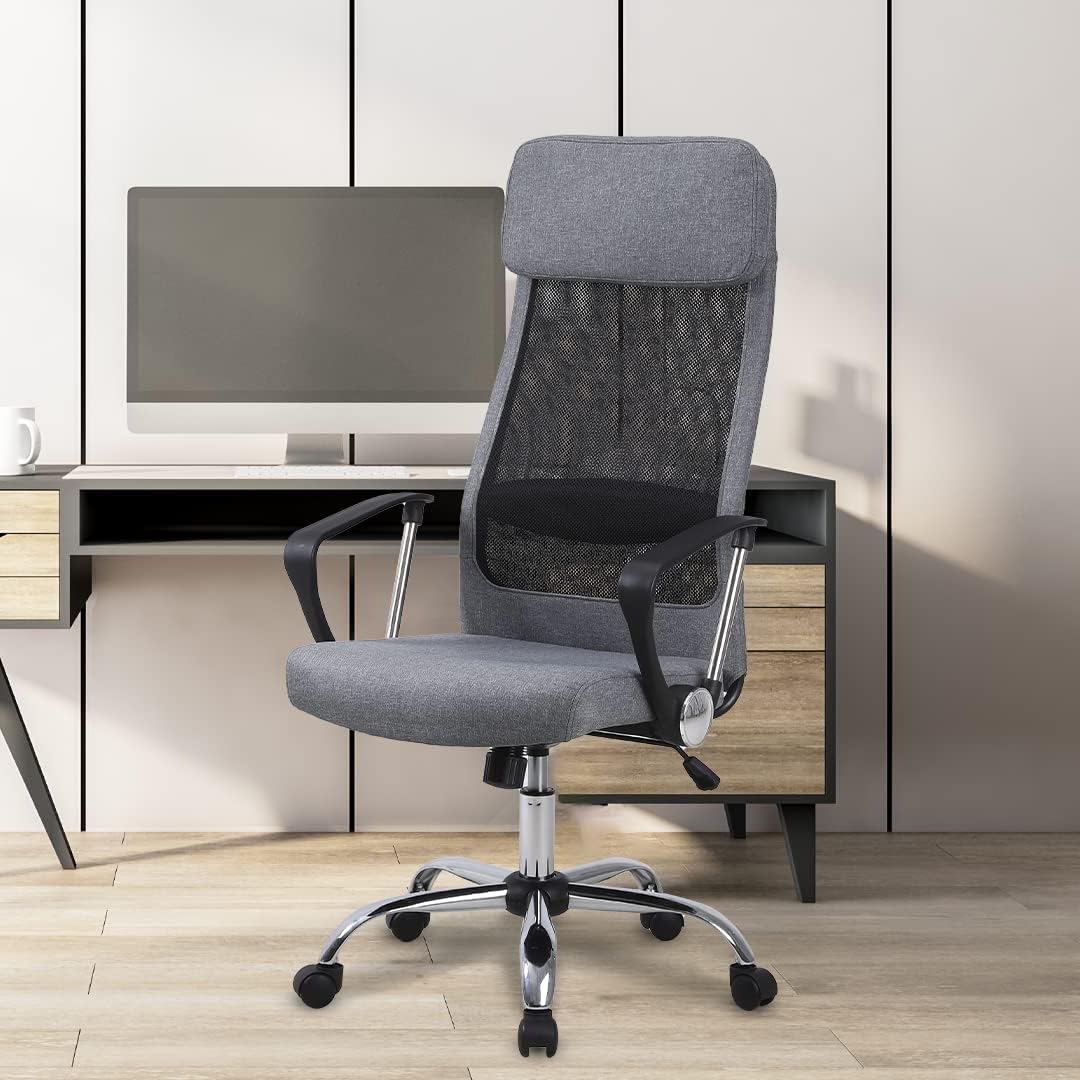 Kuber Industries Ergonomic Office Chairs for Work from Home | Comes with Manual Height Adjustable, Armrest, Headrest & 2D Lumbar Support | Comfy Study Chair for Students with Wheels | Grey | MC10-GY