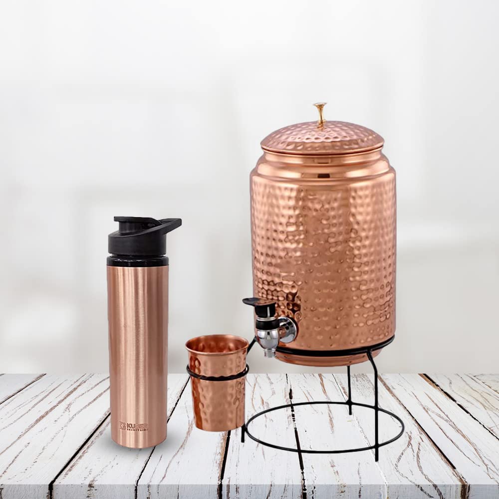 Kuber Industries Copper Water Bottle & Water Dispenser Combo Set|with Added Health Benefits of Copper|Ergonomic Design & Easy to Clean|Pack of 2|5 Liters & 750 ML|Copper