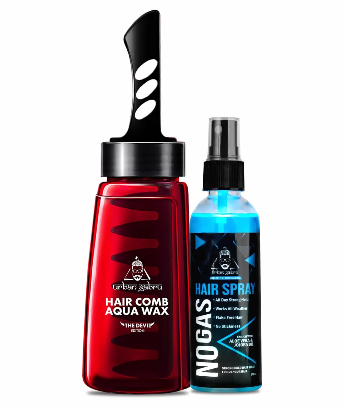 Urbangabru Hair Comb Aqua Wax - The Devil Edition - 260 ML & No Gas Hair Spray 100 ML - Men's Grooming Combo Kit