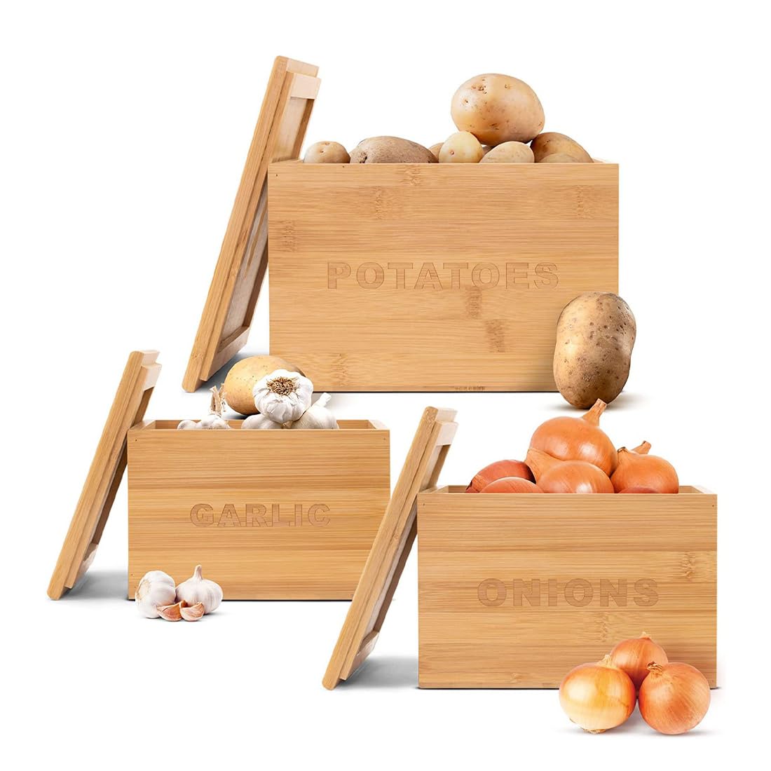 Ekhasa Onion Potato Garlic Bamboo Storage Container for Kitchen with Lid (9"*5.9", 7.9"*5.3", 6.63"*4.4", Set of 3) | Food Grade Container Storage Set | Organisers Storage Box for Kitchen