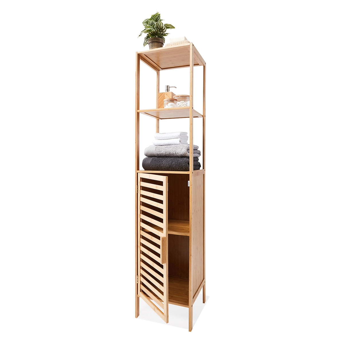 Anko 5 Tier Slatted Bamboo Tall Shelf | Multi-Drawer Bathroom & Livingroom Organizer, Storage Shelf/Rack, Bedroom Furniture, Office/Home Decoration| 145cm (H) X 32cm (W) X 30cm (D) | 15KG Capacity