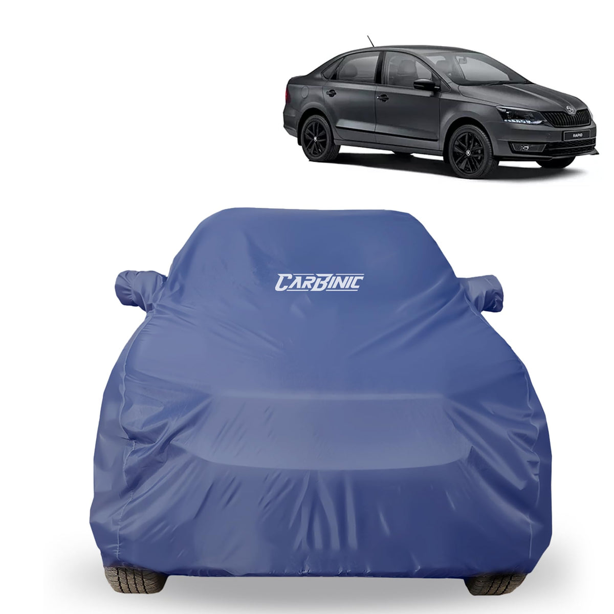 CARBINIC Car Body Cover for Skoda Rapid 2021 | Water Resistant, UV Protection Car Cover | Scratchproof Body Shield | All-Weather Cover | Mirror Pocket & Antenna | Car Accessories Dusk Blue