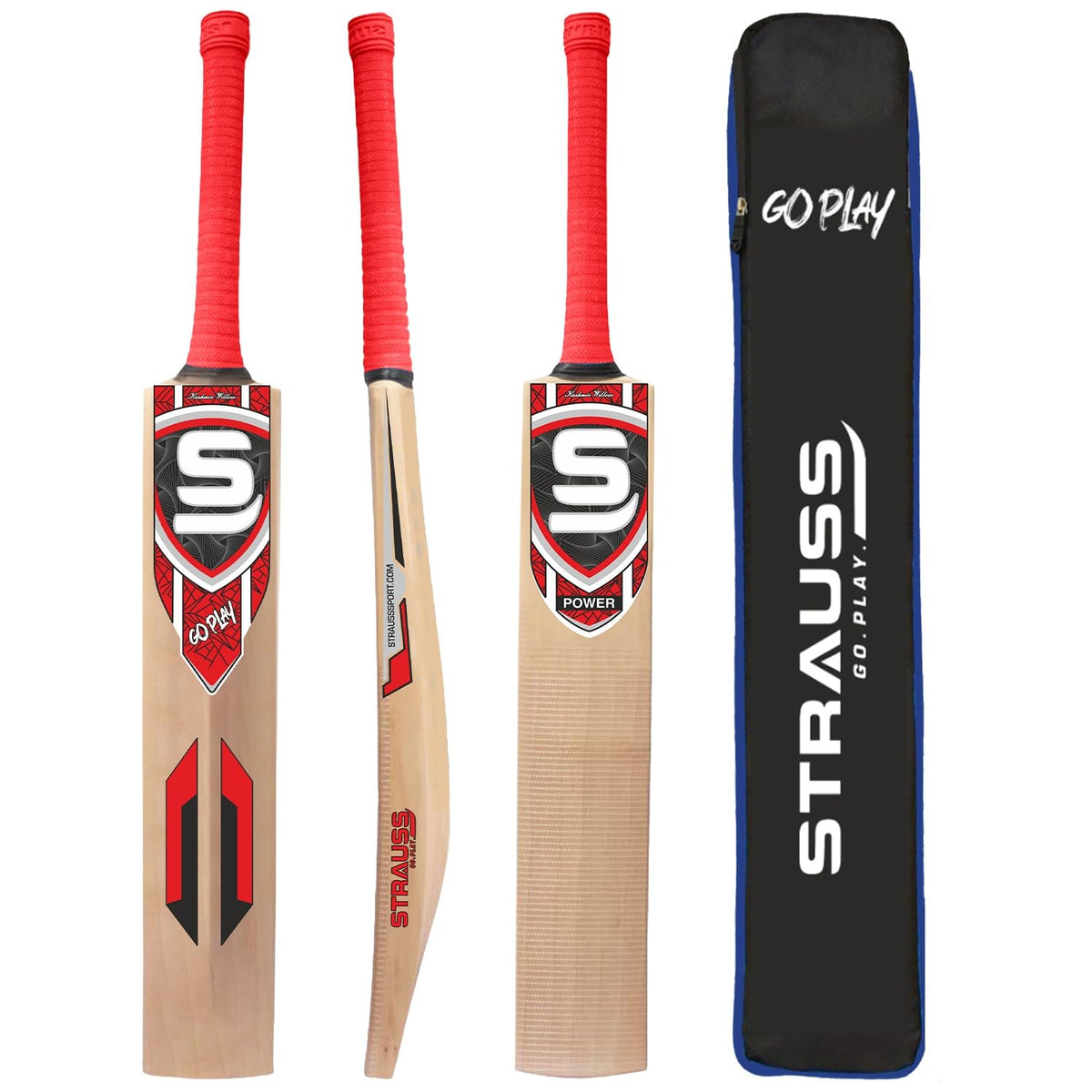 STRAUSS Power Kashmir Willow Cricket Bat | Size: Short Handle (SH) | Suitable Only for Tennis Ball | Age group 13+ yrs | for Youth/Adults | Anti Scuff Sheet & Bat Cover | Red | (1050-1200 Grams)