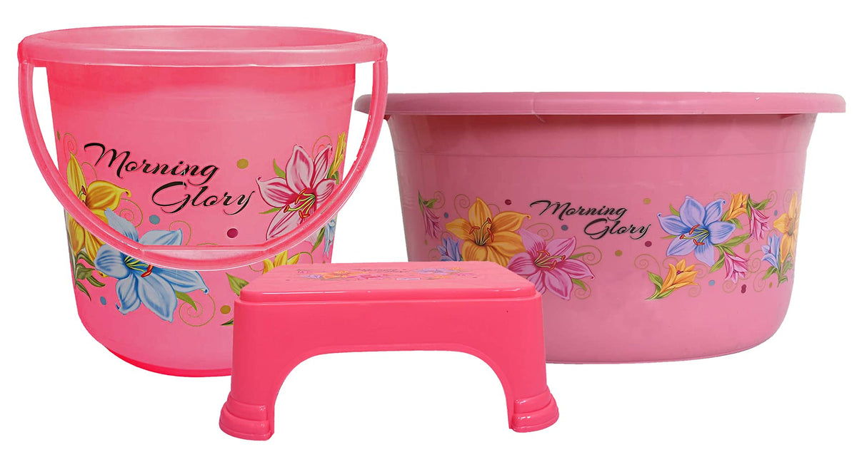 Kuber Industries Printed 3 Pieces Plastic Bucket, Stool & Tub Set (Pink)