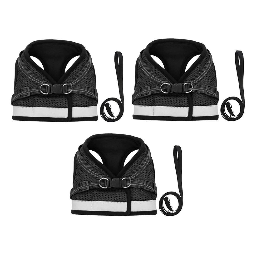 Kuber Industries Reflective Dog Harness With Adjustable Leash|Breathable Polyester Mesh Fabric |XS Size|HT-844|Comfortable No-Pull Grip|Quick Release Buckles|Easy On-Easy Off Harness|Black (Pack Of 3)