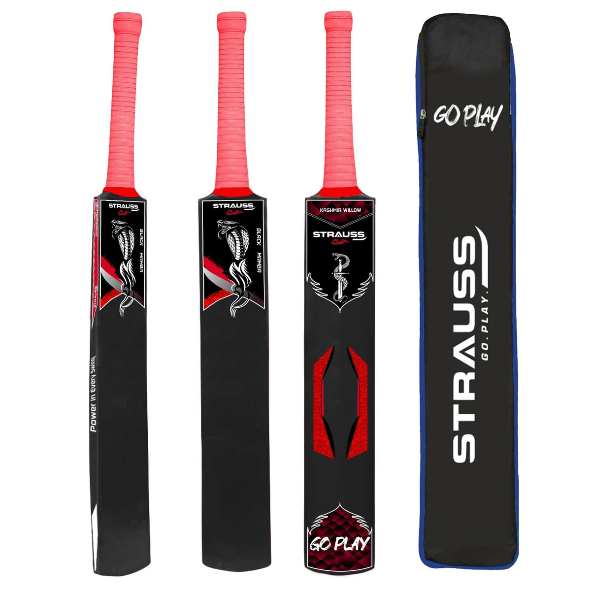 STRAUSS Black Mamba Kashmir Willow Cricket Bat | Size: Short Handle (SH) | Suitable Only for Tennis Ball | Age Group 13+ yrs | for Youth/Adults | Bat Cover | Black | (1050-1200 Grams)