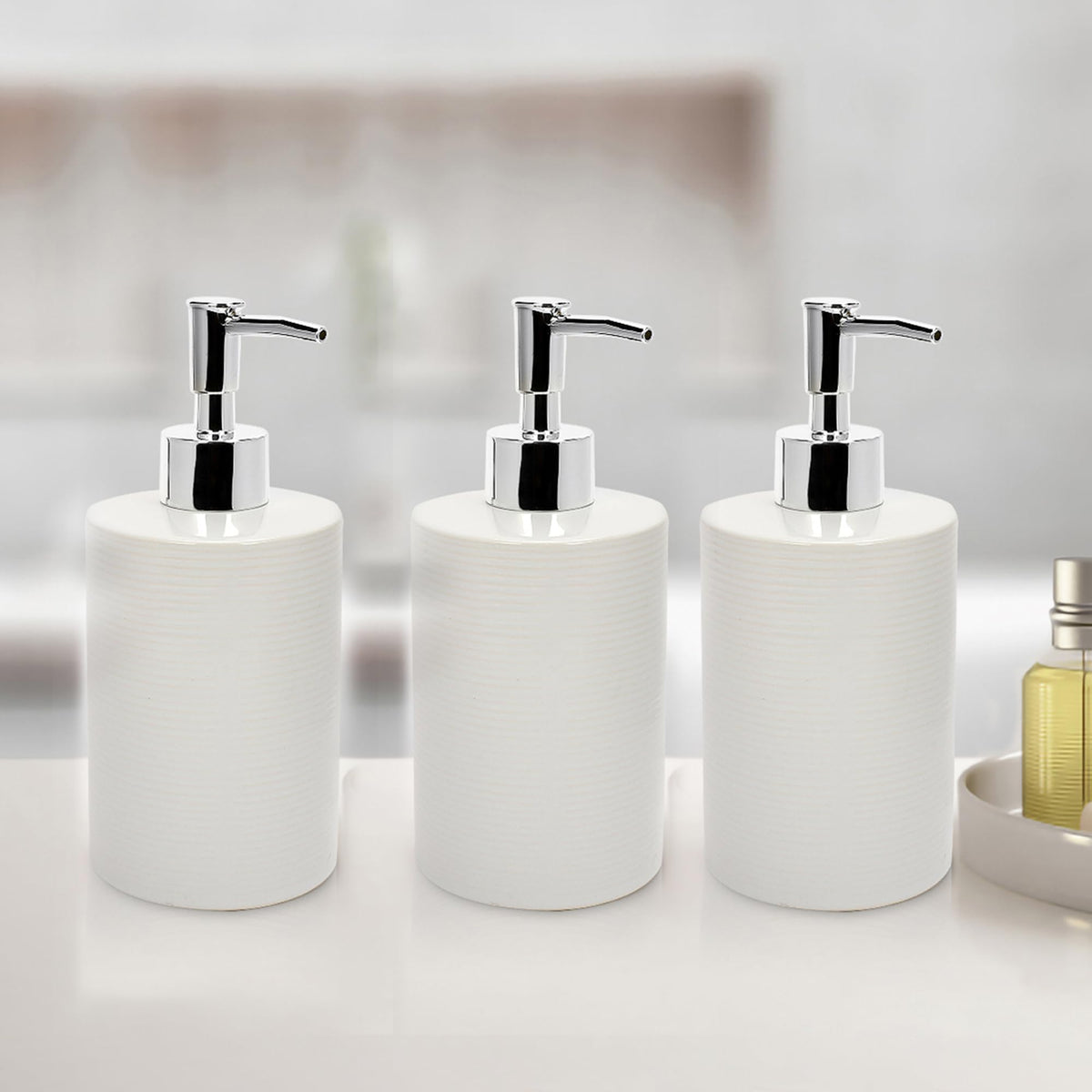 Anko Liquid Soap Dispenser - Pack of 3 | Stoneware | Bathroom Sanitizer, Lotion, Shampoo Dispenser | Ceramic Liquid Soap Dispenser for Bathroom & Kitchen | Soap Dispenser | White 350 ml