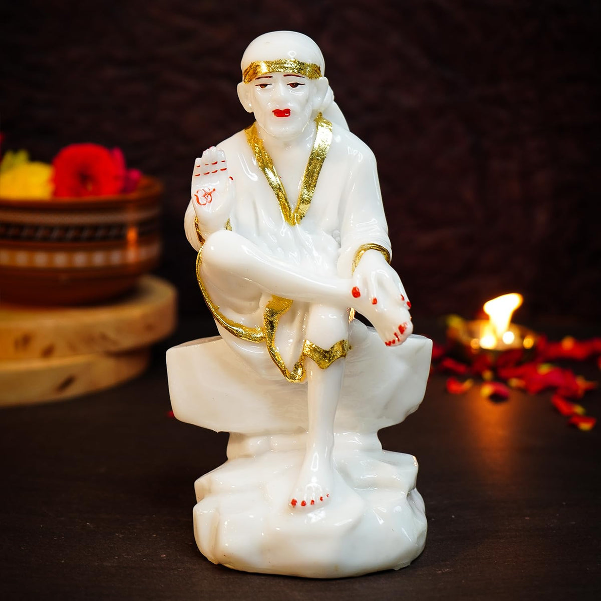 Ekhasa Aura Series Marble Dust Sai Baba Statue for Home (7 inch) | Gold Plated Shirdi Saibaba Idol for Office Desk, Pooja Room | Resin Sai Baba Murti for Gift | White Sai Samarth Idol