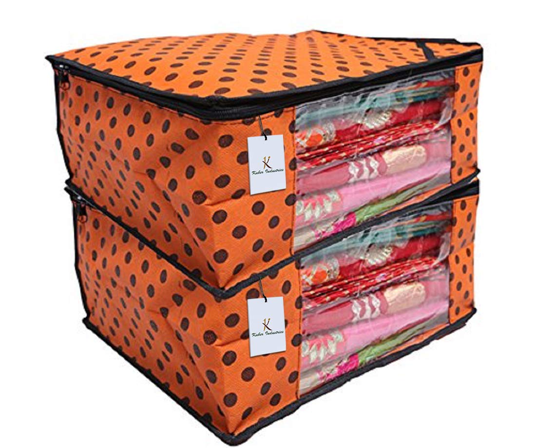 Kuber Industries 2 Piece Designer Polka Dots Non Woven Saree Cover Set, Orange