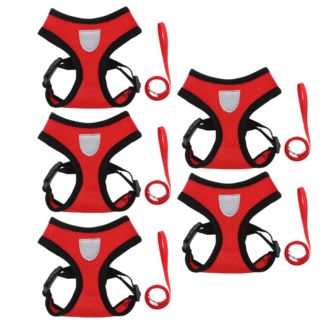Kuber Industries Pack of 5 Reflective Dog Harness with Adjustable Leash|Breathable Polyester Mesh Fabric with Top Carry Handle|Medium Size|HAT-818|Comfortable|Quick Release Buckles|Stylish Design|Red