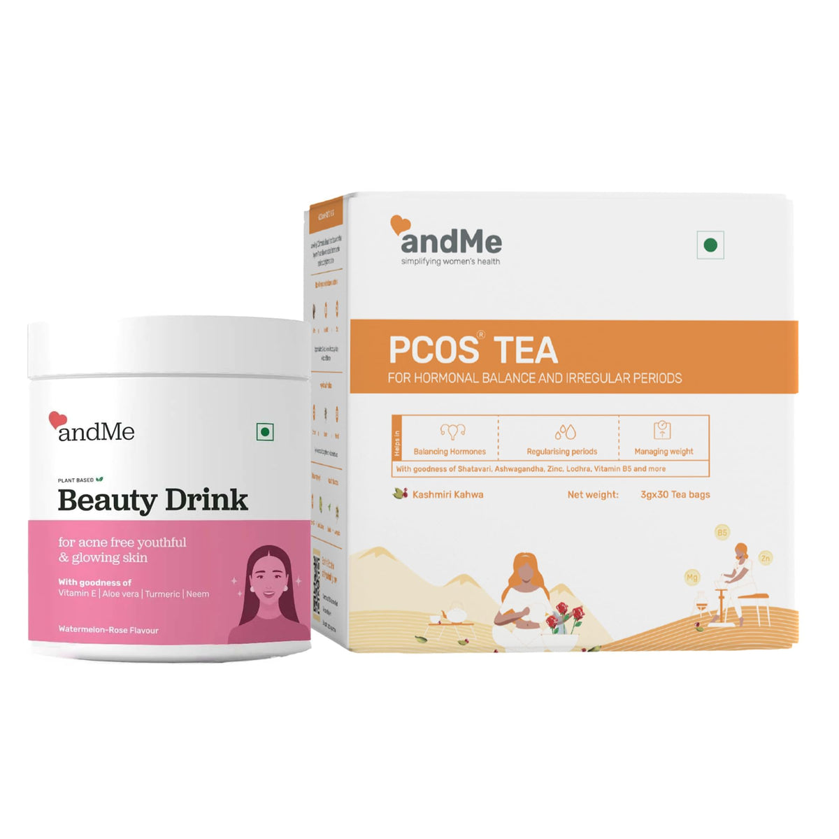 AndMe PCOS PCOD Tea for Hormonal Balance Weight Management, Regular Periods with Shatavari, Lodhra, Green Tea, Garcinia Cambogia| AndMe Beauty Drink -200gm