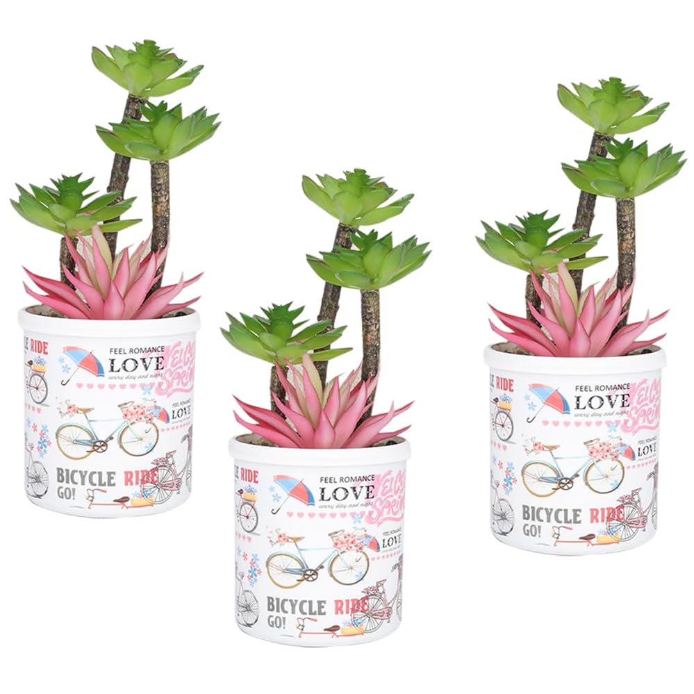 Kuber Industries Artificial Plants for Home D�cor|Natural Looking Indoor Fake Plants with Pot|Artificial Flowers for Decoration-Pack of 3 (Pink & Green)