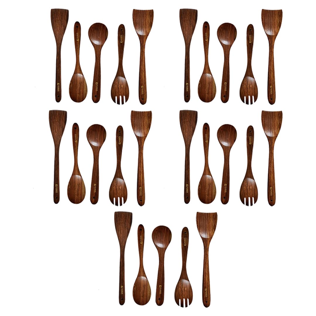 Kuber Industries Sheesham Handicrafts Wooden Serving and Cooking Spoons | No Harmful Polish | Naturally Non-Stick | Wood Brown Spoons Kitchen Utensil | Handmade Spatula Set of 5 (Pack of 5)