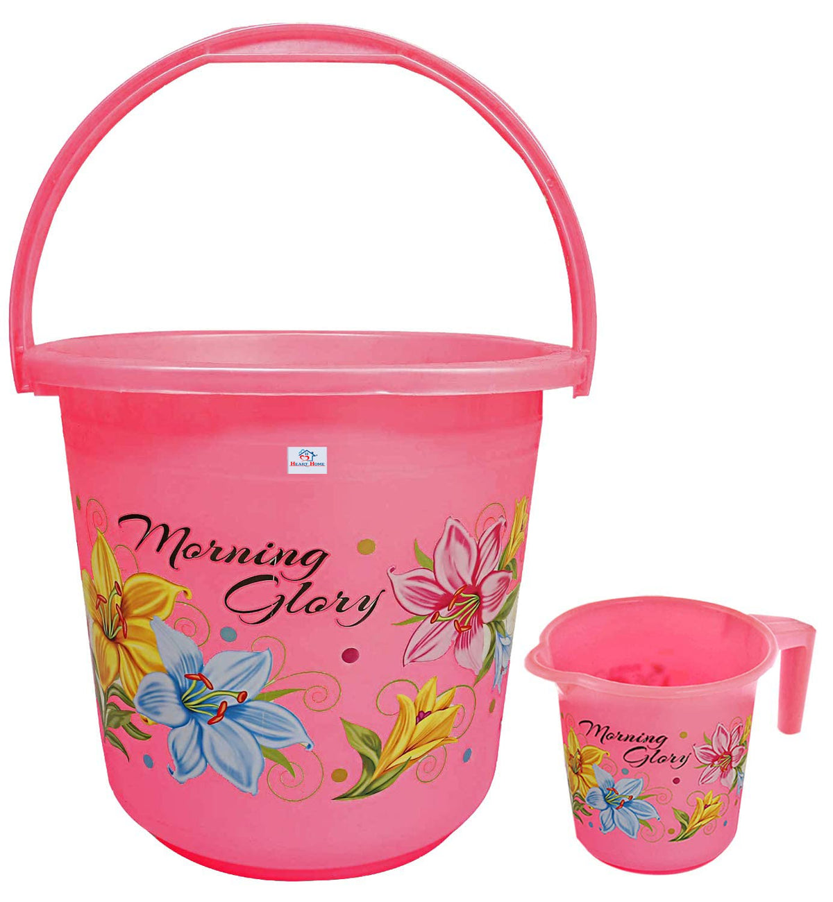 Heart Home Printed 2 Pieces Plastic Bathroom Bucket & Mug Set (Pink)