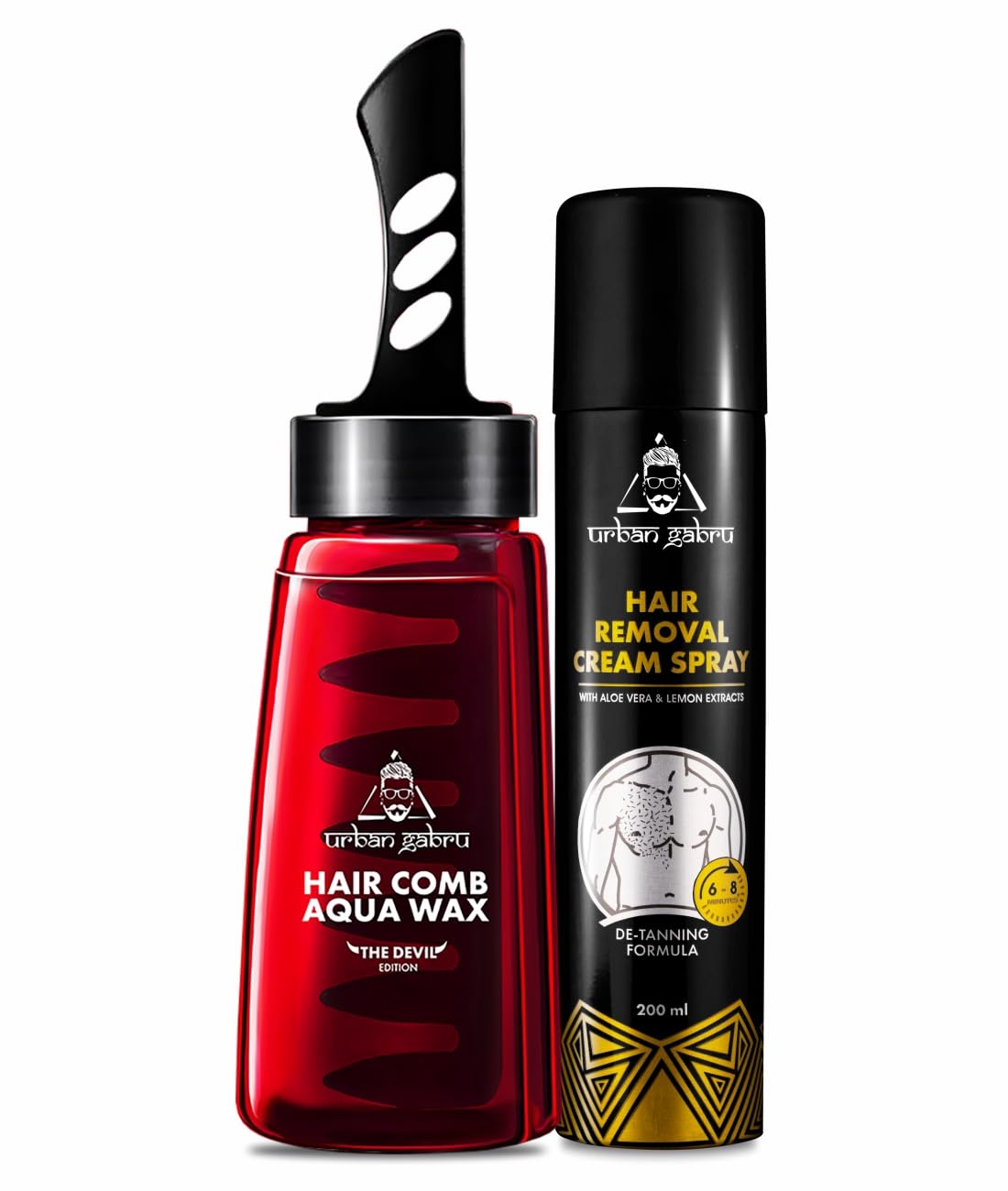 Urbangabru Hair Comb Aqua Wax - The Devil Edition - 260 ML & Hair Removal Cream Spray - Lemon Extract - 200 ML - Men's Grooming Combo Kit