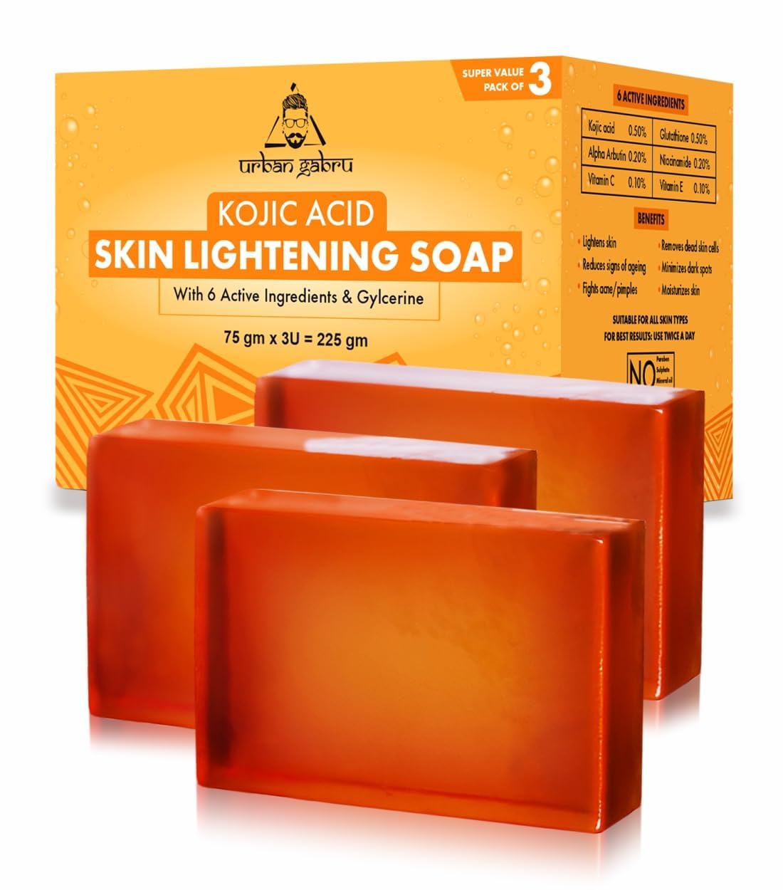 UrbanGabru Kozic Acid Skin Brightening Soap (Pack of 3), Kojic Acid Soap With Glycerine, Glutathione, Alpha Arbutin, Niacinamide (75 g X 3)