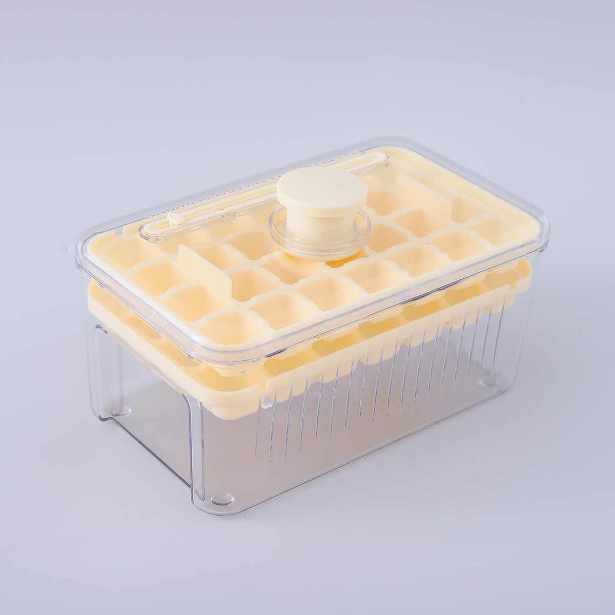 Pack of 4: 2 Layer Ice Cube Tray with Lid & Ice Scoop | 56 Molds | Beige