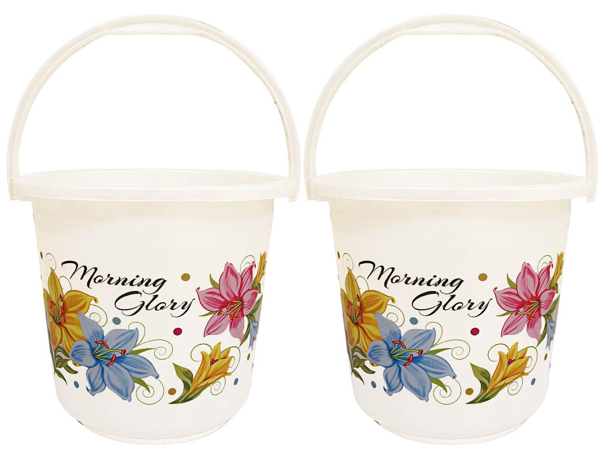 Kuber Industries Floral Print 2 Pieces Unbreakable Strong Plastic Bathroom Bucket 16 LTR (White) -CTKTC34843