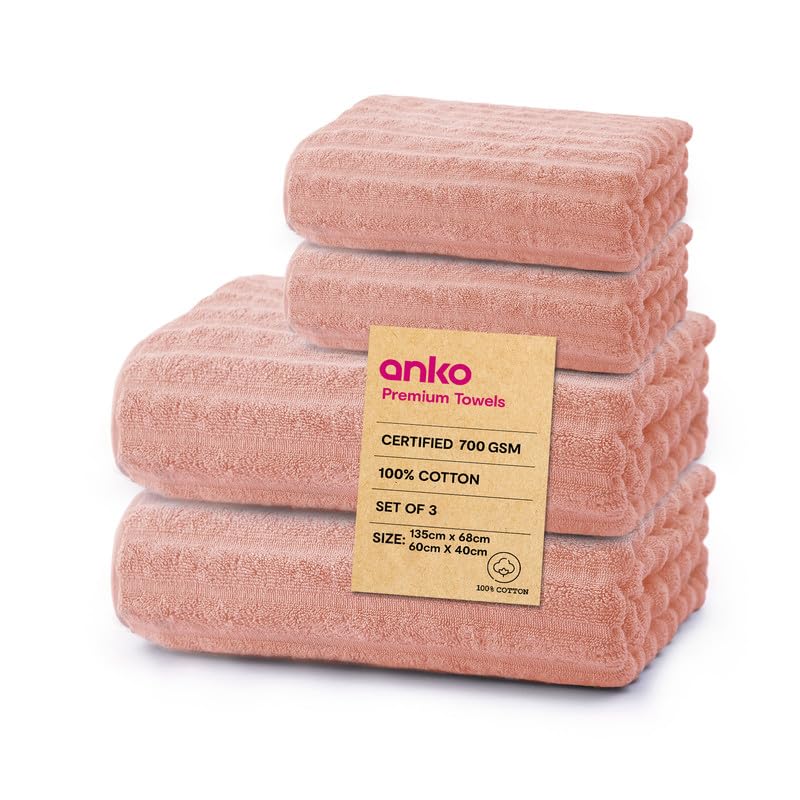 Anko Australia 100% Cotton 700 GSM Ribbed Towel Set | 2 Bath Towels, 2 Hand Towels | Super-Soft, Absorbent, Quick-Drying | Pink Cotton Towels for Bath, Travel & Gym | 135x68cm & 60x40cm