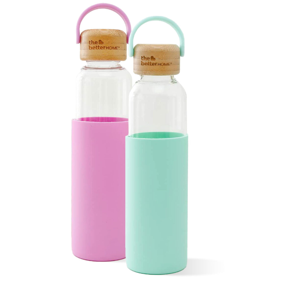 The Better Home Borosilicate Glass Water Bottle with Sleeve (500ml) | Non Slip Silicon Sleeve & Bamboo Lid | Fridge Water Bottles for Men, Women & Kids | Water Bottles for Fridge | Pink (Pack of 1)